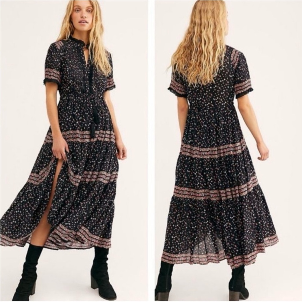 Free People Rare Feeling Printed Maxi Dress in Black Combo Size Extra Small